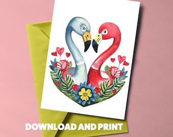 Flamingo Liebe Herz druckbare Karte - perfekt für Valentinstag, Jubiläen und Hochzeitsfeiern - Instant Download