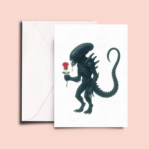 Romantic Monster Valentine Card • Cute Sci-Fi Creature Holding Rose • Funny Horror Love Card • Gothic Valentine for Boyfriend Girlfriend