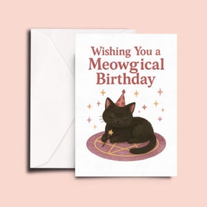 Meowgical Birthday Card – Cute Black Cat with Party Hat – Witchy Cat Birthday for Kids or Cat Lovers – Spooky Cute Greeting