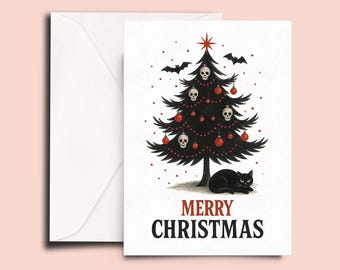 Goth Christmas Card – Black Tree Holiday Card with Skulls and Cat, Spooky Cute Christmas Greeting for Horror Fans and Alt Holiday Lovers