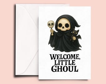 Goth Baby Shower Card – “Welcome, Little Ghoul” Skeleton Reaper with Bat – Alternative Baby Congratulations Card