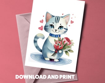 Bezaubernde Katze mit Blumenstrauß druckbare Karte - Entzückender Katzenliebesgruß, perfekt für Valentinstag & Jahrestage, Sofortiger Download