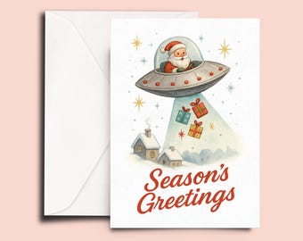 Alien Santa Christmas – Funny Space Holiday Greeting Card with Retro UFO, Beaming Gifts, Season’s Greetings – Whimsical Sci-Fi Christmas