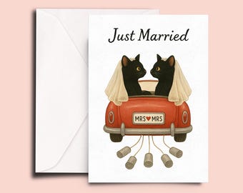 Just Married Card – Mrs and Mrs Black Cats in Red Car – Cute Lesbian Wedding Card for Cat Lovers – LGBTQ+ Bride Card – Just Married Gift