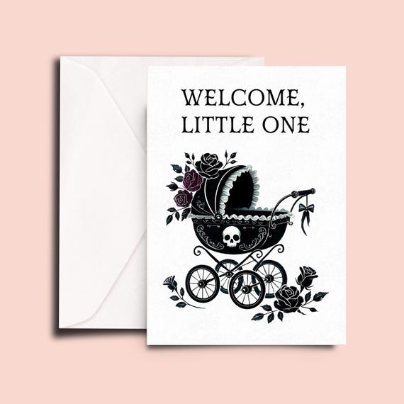 Gothic Baby Shower Card | Vintage Pram with Skull and Roses | Dark Baby Welcome Card | Unique Alternative Baby Greeting