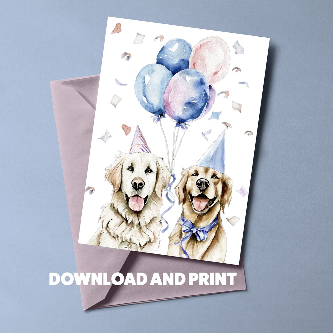Golden Retriever Party Pups Birthday Card - Printable Golden Retriever ...