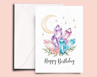 Crystal Birthday Card, Celestial Moon And Gemstone Greeting, Mystical Boho Happy Birthday Card, Spiritual Witchy Gift Idea