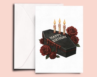 Gothic Coffin Birthday Card – Dark Roses and Candles