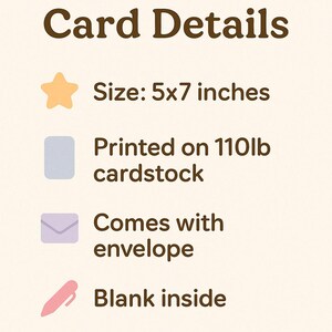 K&ouml;nnte beinhalten: Beige Karte mit dem Text "Card Details" in Braun. Die Karte ist 12,7 x 17,8 cm gro&szlig;, auf 110lb Karton gedruckt und wird mit einem Umschlag geliefert. Die Innenseite der Karte ist leer.