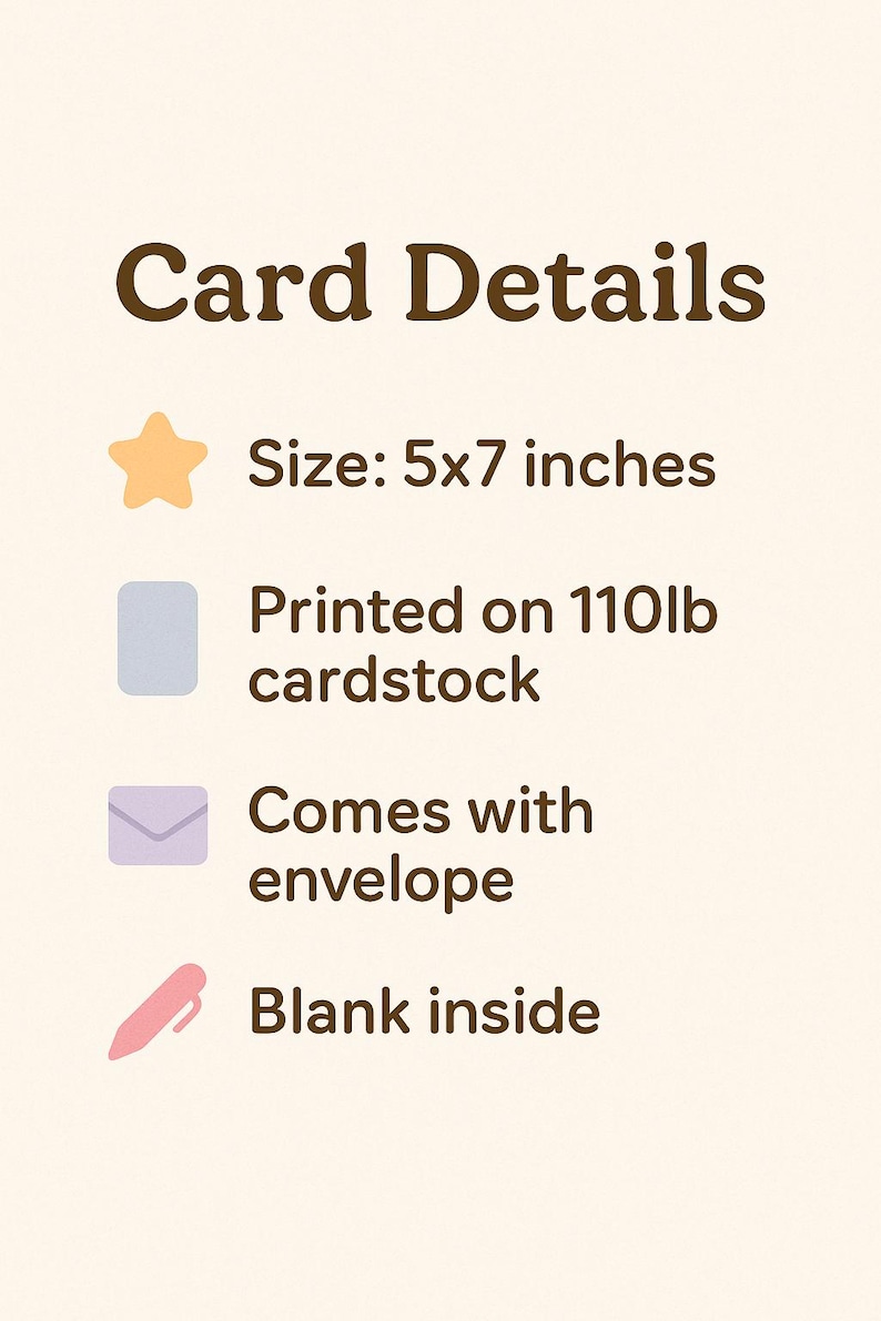 K&ouml;nnte beinhalten: Beige Karte mit dem Text "Card Details" in Braun. Die Karte ist 12,7 x 17,8 cm gro&szlig;, auf 110lb Karton gedruckt und wird mit einem Umschlag geliefert. Die Innenseite der Karte ist leer.