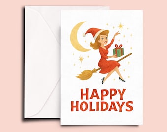Retro Witch Holiday Card – Funny Christmas Greeting – Vintage Mid-Century Holiday Card – Spooky Cute Xmas Witch – Pin-Up Style Holiday Card