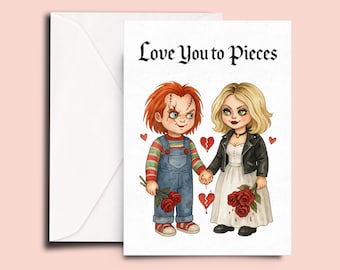 Horror Couple Valentine Card – 'Love You to Pieces' – Creepy Cute Slasher Romance – Goth Anniversary Card – Funny Killer Love Greeting