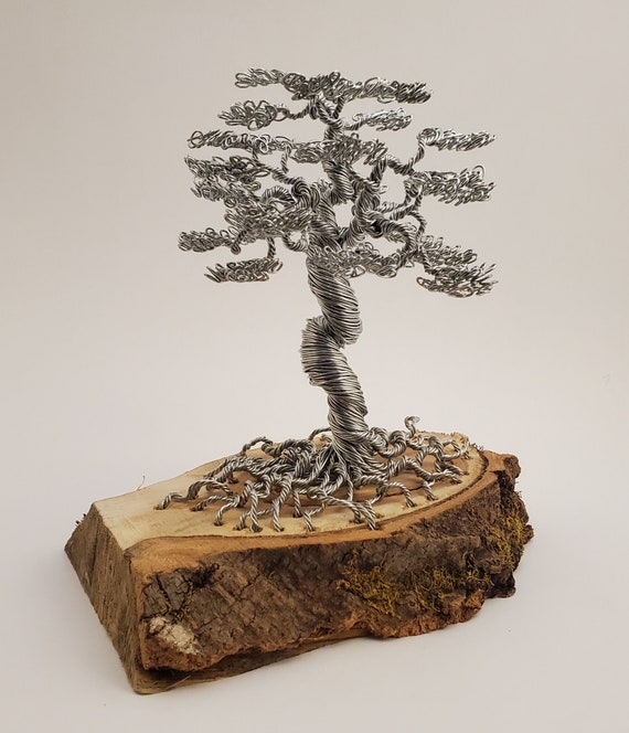 Silver Wire Bonsai Tree Sculpture on Maple With Moss Base Etsy