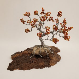 Silver Wire Bonsai Autumn Tree with beads - Sculpture on Cherry Burl Base, handmade, home décor