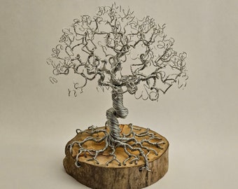 Silver Wire Bonsai Tree Sculpture on a Driftwood slice, handmade, home décor