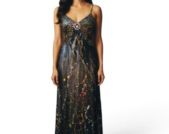 May include: A floor-length sleeveless gown featuring a black base with a multi-colored paint splatter pattern. The bodice includes a V-neckline with a central circular embellishment and thin spaghetti straps, transitioning into a long, flowing skirt.