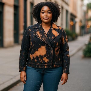 May include: A black double-breasted jacket with a brown, bleached pattern. The jacket has a notched collar, button closures, and a tailored fit. The model is wearing blue jeans. The jacket is a stylish outerwear option.