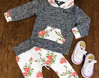 Winter outfit flowers grey infant baby girl pants