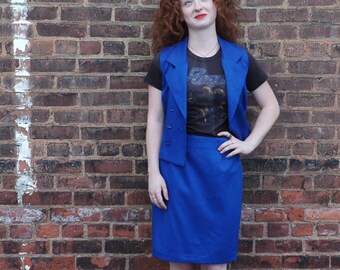 Electric blue, Royal blue, Bold, Bright lining, 80s Vest and Knee length skirt suit set