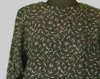 Long sleeve, silk, black dress with white print, plus size, 80s, granny dress, cinched waist, day dress, all season dress