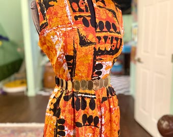 Vintage tidigt 80-tal orange och svart djärvt tryckt böljande vida jumpsuit storlek 12 / Large