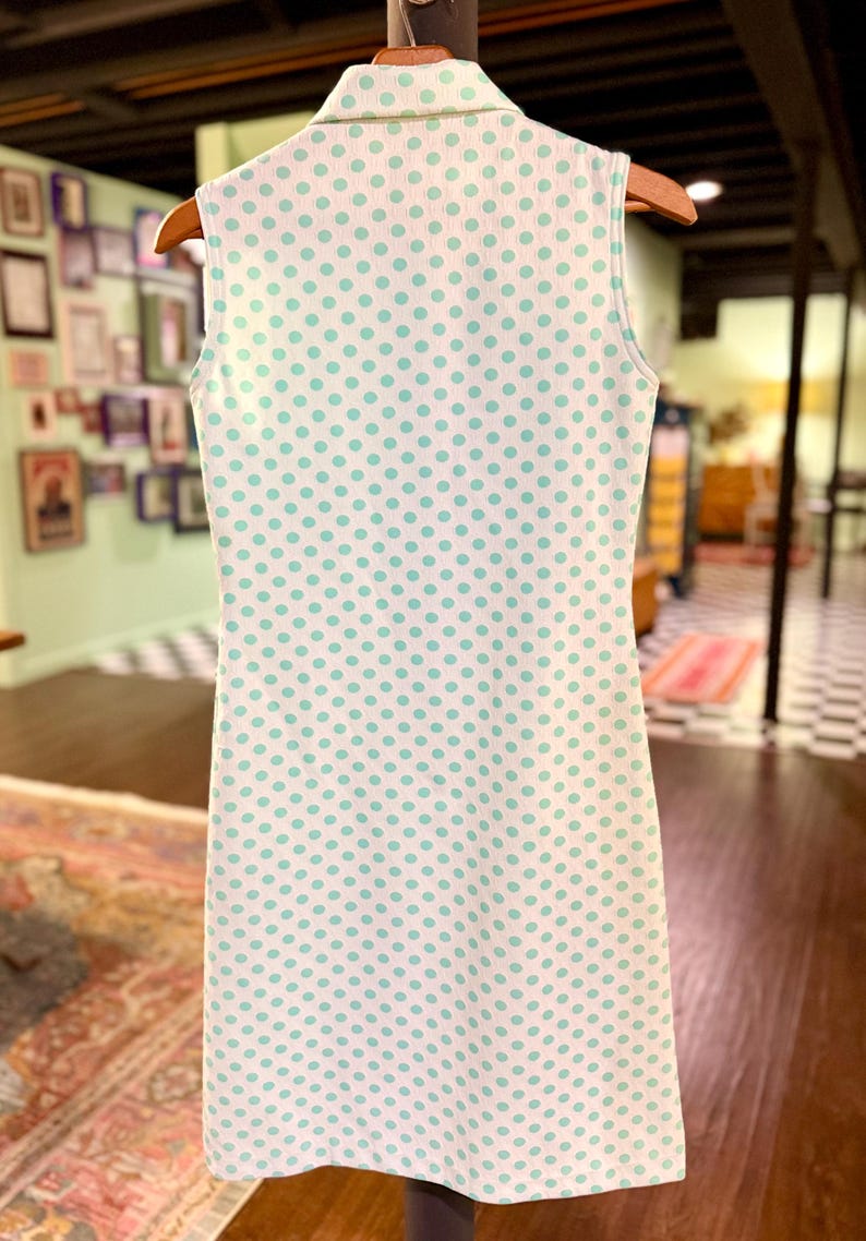 Retro Aqua Polka Dot Mod Dress – Double Knit Polyester, Size 6-8 image 6