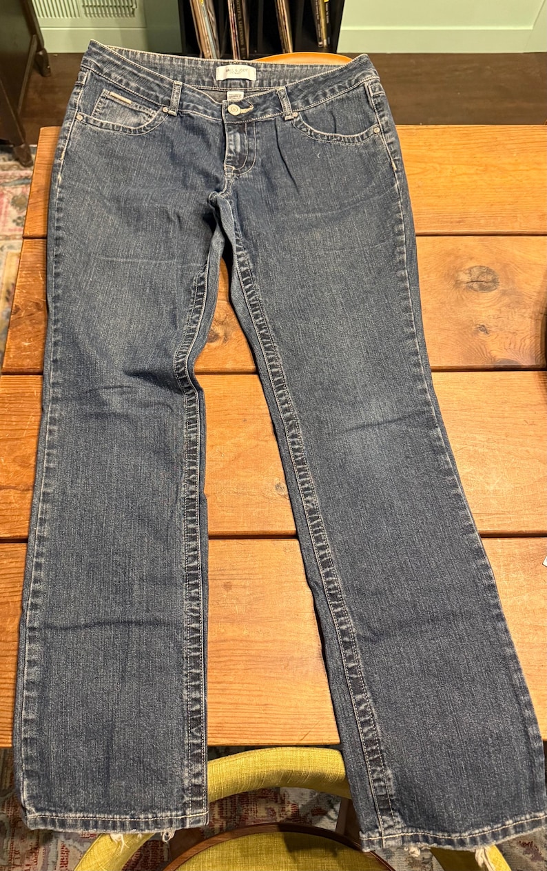 以下が含まれることがあります： クラシックな5ポケットデザインの青いデニムジーンズ。ジーンズはボタンとジッパーで開閉し、ベルトループがあり、少し色あせた外観です。脚はストレートで、裾にわずかなフレアがあります。