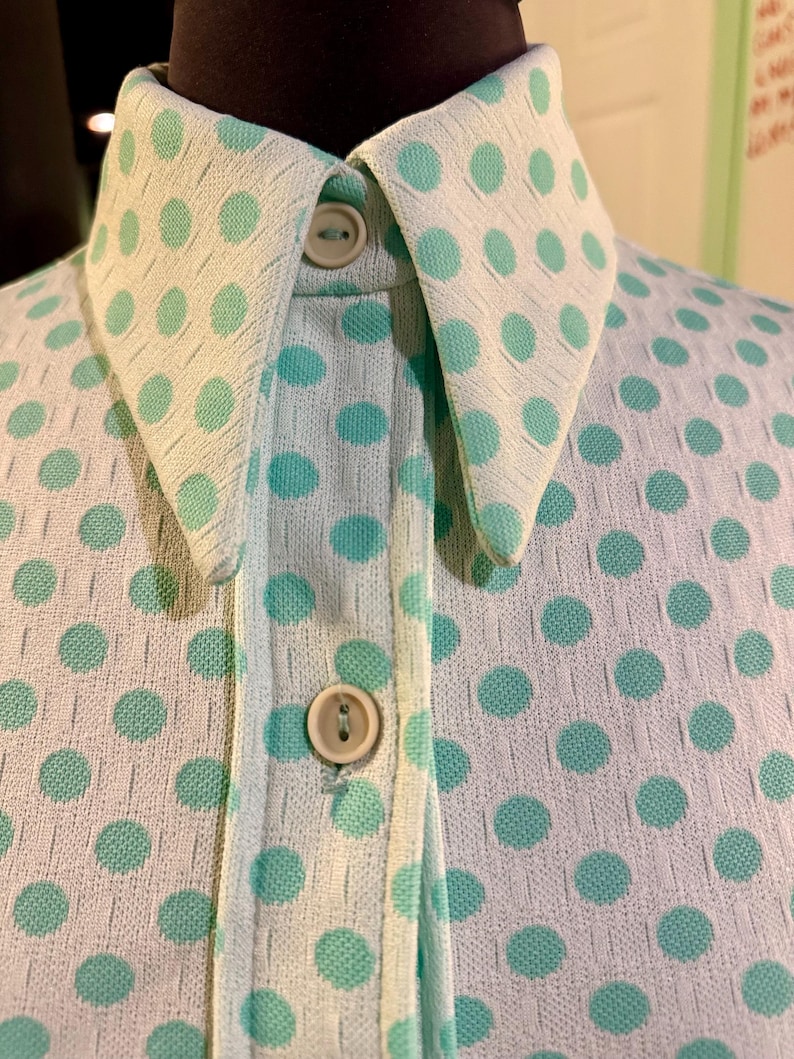 Retro Aqua Polka Dot Mod Dress – Double Knit Polyester, Size 6-8 image 14