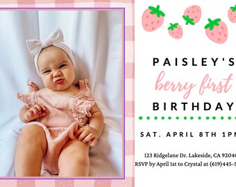Berry first birthday invitation, strawberry invitation, baby girl birthday invitation, canva invitation