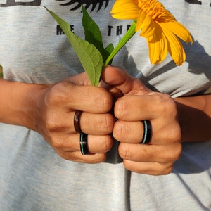 Ebony Wood Ring with Turquoise Inlay | Wooden Engagement Ring, Wooden Wedding Band Ring