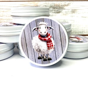 Kleine weiße Metalldose mit Schraubdeckel zur Aufbewahrung von Kleinteilen, Schmuck, Maschenstopper, Schaf mit rotem Schal Bild 2