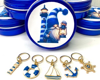 Maschenmarkierer Set mit Dose. Blaue Dose mit Schraubdeckel mit 5 Markierern mit maritimen Motiven zum stricken oder häkeln