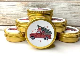 Kleine runde Metalldose mit Schraubdeckel, Xmas Truck Dose zur Aufbewahrung von Maschenmarkierern und Kleinteilen, 50 mm Durchmesser