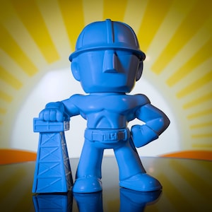 May include: A blue toy construction worker figurine holding a blue toy oil rig. The figurine is wearing a hard hat and has a belt with the word "TULSA" on it.