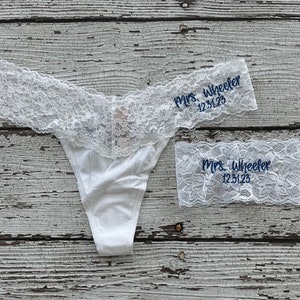 Personalized Mrs. Underwear and garter set Bridal Lingerie Bride Panties Honeymoon Thong Bachelorette Party Gift for the Groom