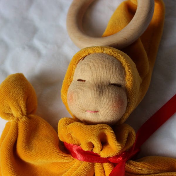 Baby comforter with teething ring, Waldorf inspiration-Eco friendly toy- Natural fibers, mustard yellowish velvet cotton-Rag doll