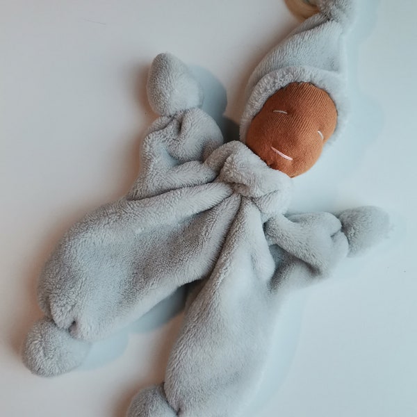 Gray elf doll/soft toy with teething ring for infant - Waldorf inspiration - birth gift, pure baby soft toy