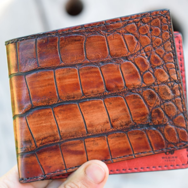 Special Sauce Dark Cognac Alligator Bifold With Kangaroo Leather liner, Gift for Him, Custom Wallet, Handmade Wallet, Mens Wallet