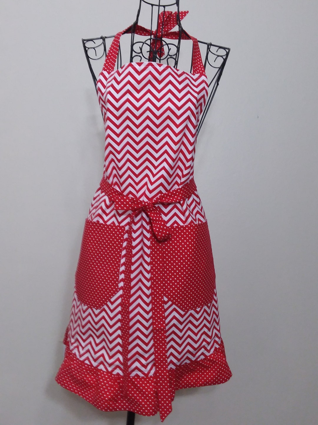 Apron/ Red & White Cheveron / Ties, Pockets and the Ruffle Are Red With ...