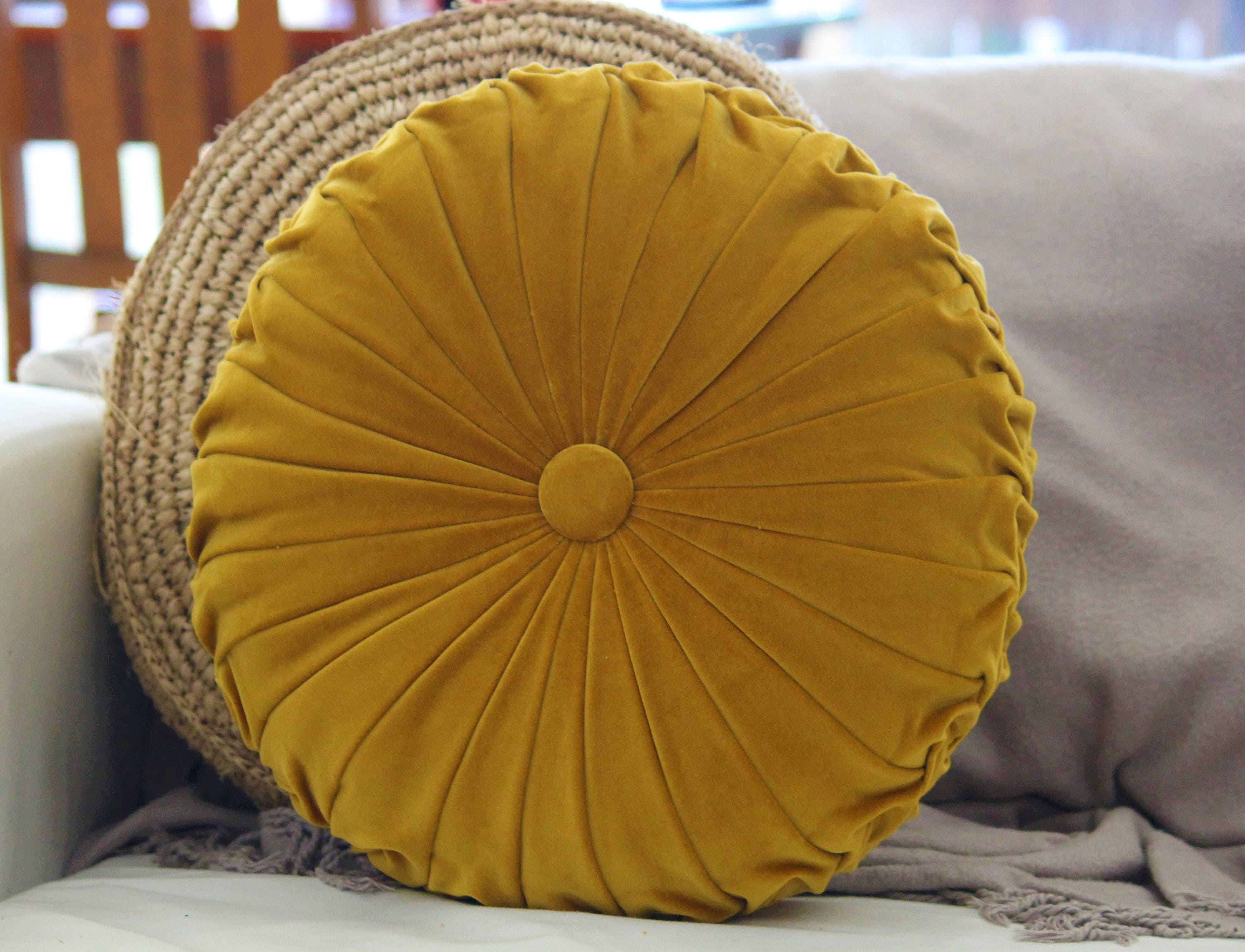 Mustard Yellow Velvet Vintage Style Round Cushion Etsy