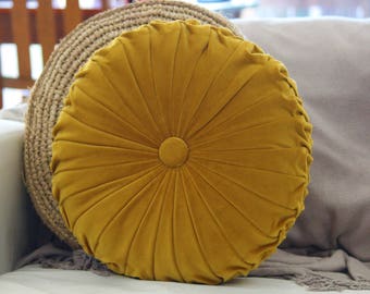 Large Mustard Yellow Velvet Vintage Style Round Cushion