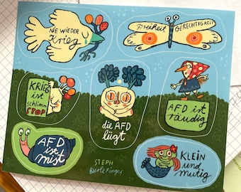 Puede incluir: Una hoja de pegatinas con ilustraciones caprichosas y texto. Los diseños incluyen un pájaro con "Nie Wieder Krieg", una mariposa con "Freiheit Gerechtigkeit" y un caracol con "AFD ist mist". Otras pegatinas presentan personajes de dibujos animados.