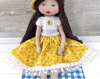 Breanna the Handmade Art Doll, Cute Bee Theme Heirloom Doll, Fabric Decorative Display Doll, Home Decor, One of a Kind Doll, Bedroom Display