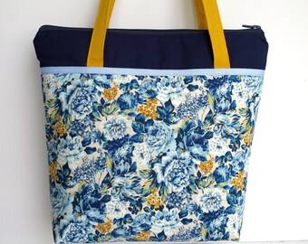tote bag in cotton printed liberty yellow and blue flowers vintage style French fabric bag