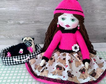 Maci the Pug Mum, Handmade OOAK Art Doll, Fundraiser for Pug Rescue, Fully Handmade Doll & Outfit and Includes her Pug in Dog Bed