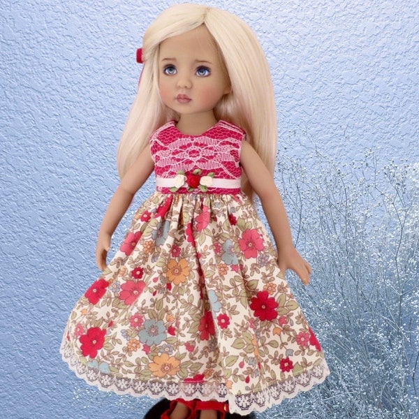 Little Darling Doll Dress, Pretty Floral Dress with Red Bodice and Cream Lace Overlay, Feature Roses on Waist, Fits Dianna Effner LD Dolls