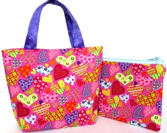 Girl's Bag, Pink Purse, Mini Tote Bag, Kids Bag, Handbag for Girls, Pink Hearts Fabric, Colourful Cute Bag, Gift for Girl, Gift for Daughter