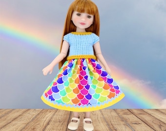 Sweater & Skirt Set for 15" Doll, Fits Ruby Red Fashion Friends Dolls, Bright Colourful Skirt with Matching Top, Handknitted Blue and Yellow