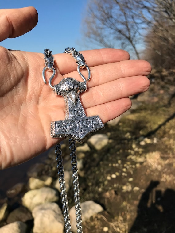 Heart Kit Free shipping, Heavy, Solid, Silver, Sterling, 925, THOR'S, Hammer, Mjolnir, Viking, Pendant with Chain, and wolf, heads,