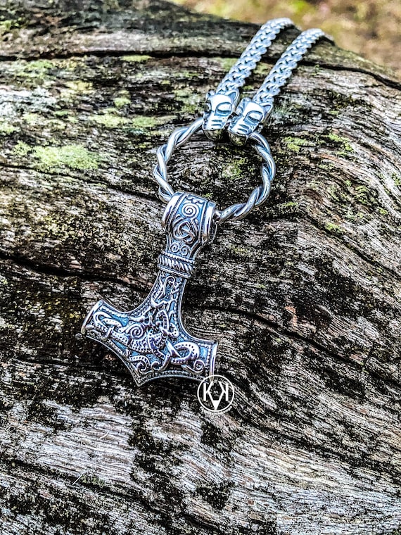 Free shipping, Big, SilverSterling 925, THOR'S Hammer, Free shipping, MJÖLNIR, Trinity, with Silver Sterling 925 Chain wolves, wolf, Ethnic,